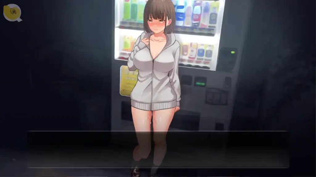 夜行遊戲事件CG畫面，女主角鈴木里香在販賣機前猶豫與內心掙扎的劇情場景｜夜行游戏事件CG画面，女主角铃木里香在贩卖机前犹豫与内心挣扎的剧情场景｜夜行 イベントCG、鈴木里香が自販機前で悩むシーン｜Night Walk event CG showing Rika Suzuki hesitating near a vending machine