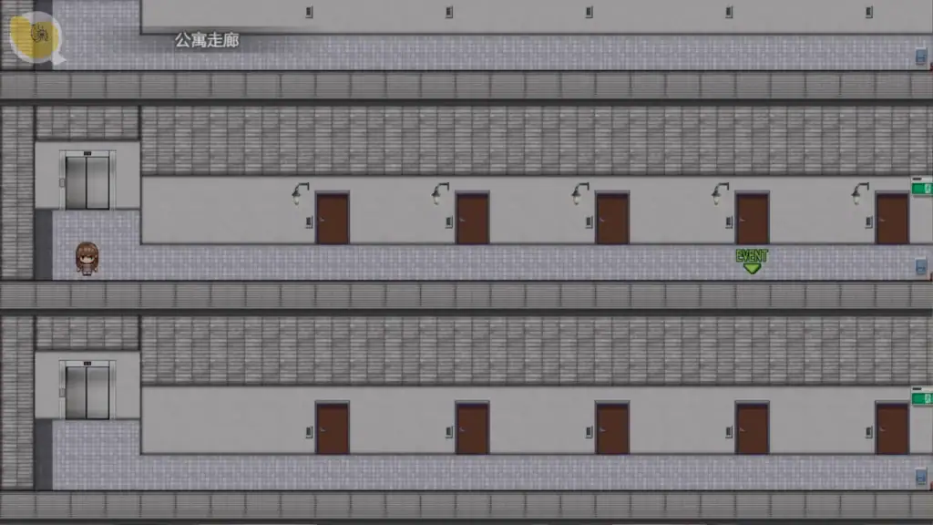 夜行遊戲高級住宅區地圖畫面，玩家在住宅走廊中探索的像素場景｜夜行游戏高级住宅区地图画面，玩家在住宅走廊中探索的像素场景｜夜行 高級住宅エリアのマップ探索シーン｜Night Walk luxury residence area map exploration