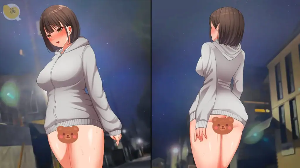 夜行遊戲CG畫面，夜晚街道場景中穿著連帽上衣的女性角色站在路邊的前後視角展示｜夜行游戏CG画面，夜晚街道场景中穿着连帽上衣的女性角色站在路边的前后视角展示｜『夜行』ゲームCG、夜の街中でパーカーを着た女性キャラクターが立つ前後視点のシーン｜Night Walk game CG showing a female character in a hoodie standing on a nighttime street with front and back perspectives