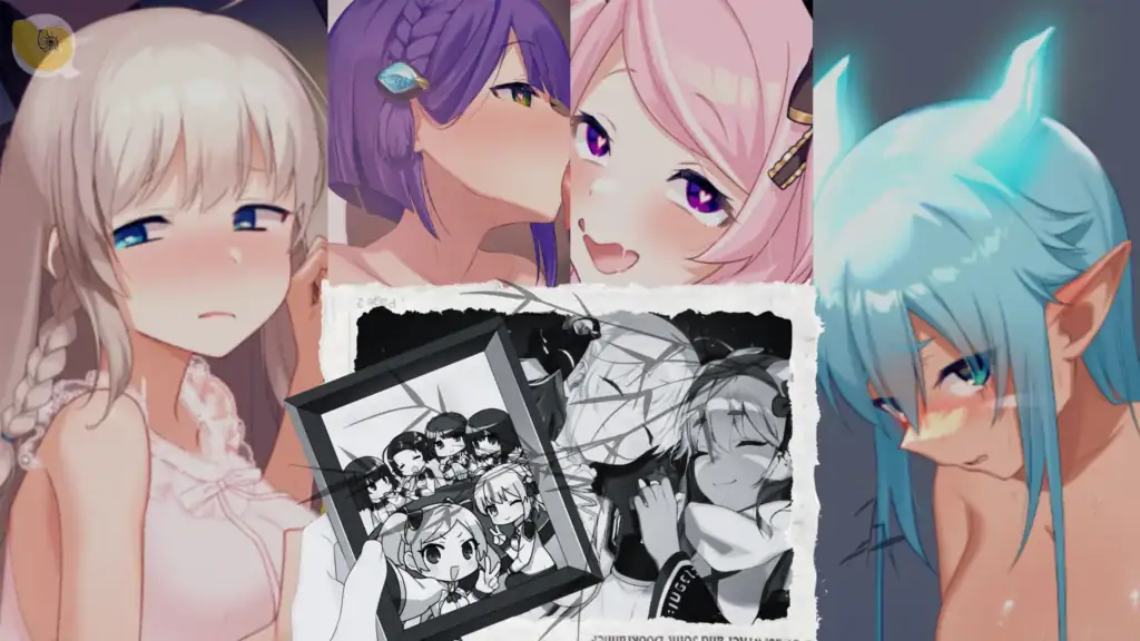 《Princess Synergy》角色集合主視覺與回憶照片象徵女主角墮落劇情｜《Princess Synergy》角色集合主视觉与回忆照片象征女主角堕落剧情｜『プリンセスシナジー』キャラクター集合と写真の記憶ビジュアル｜Princess Synergy character collage with memory photo representing heroine story