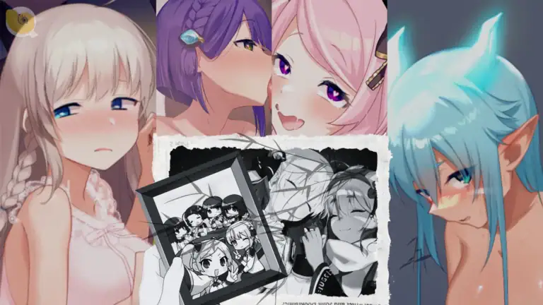 《Princess Synergy》角色集合主視覺與回憶照片象徵女主角墮落劇情｜《Princess Synergy》角色集合主视觉与回忆照片象征女主角堕落剧情｜『プリンセスシナジー』キャラクター集合と写真の記憶ビジュアル｜Princess Synergy character collage with memory photo representing heroine story