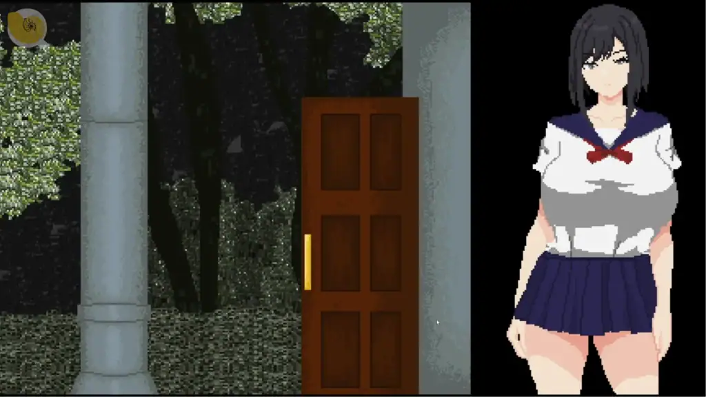 惡夢屋敷無限牢獄遊戲截圖女角站在森林與神祕宅邸門前的異空間場景｜恶梦屋敷无限牢狱游戏截图女角站在森林与神秘宅邸门前的异空间场景｜悪夢屋敷・無限牢獄のゲーム画面、森の中で屋敷の扉前に立つ女キャラ｜Akumu Yashiki Mugen Rougoku gameplay girl standing before mansion door in forest