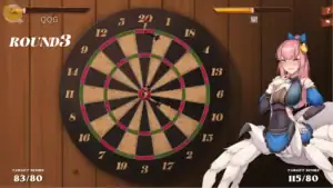 異世界餐酒館射飛鏢小遊戲，玩家在酒館中瞄準飛鏢盤挑戰分數｜异世界餐酒馆射飞镖小游戏，玩家在酒馆中瞄准飞镖盘挑战分数｜異世界ビストロのダーツミニゲーム、酒場でダーツボードを狙って得点を競う場面｜Isekai Bistro darts mini game where the player aims at the dartboard for points