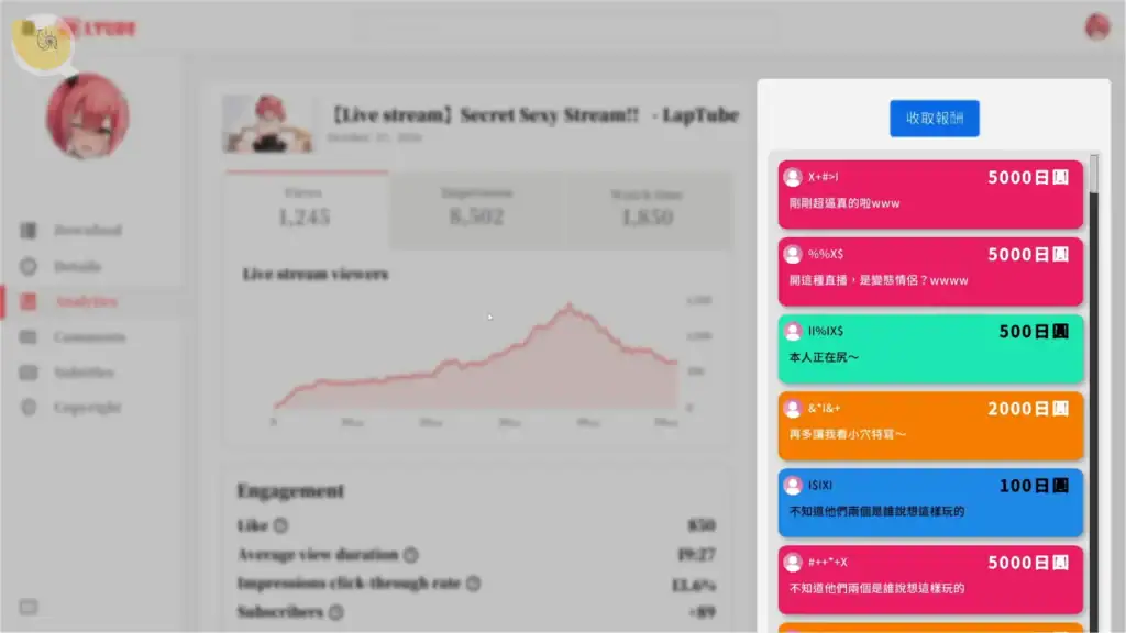 變態女友心動動直播直播收益畫面觀眾滿意度與贊助金額成長圖表｜变态女友心动动直播直播收益画面观众满意度与赞助金额成长图表｜変態彼女ドキドキ配信配信収益画面視聴者満足度と投げ銭グラフ｜Perverted Girlfriend livestream earnings viewer satisfaction and donation graph
