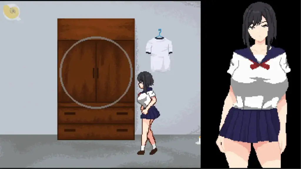 惡夢屋敷無限牢獄遊戲截圖女角躲避怪物進入衣櫃場景｜恶梦屋敷无限牢狱游戏截图女角躲避怪物进入衣柜场景｜悪夢屋敷・無限牢獄のゲーム画面、敵から逃げてクローゼットに隠れる女キャラ｜Akumu Yashiki Mugen Rougoku hiding in closet from enemy