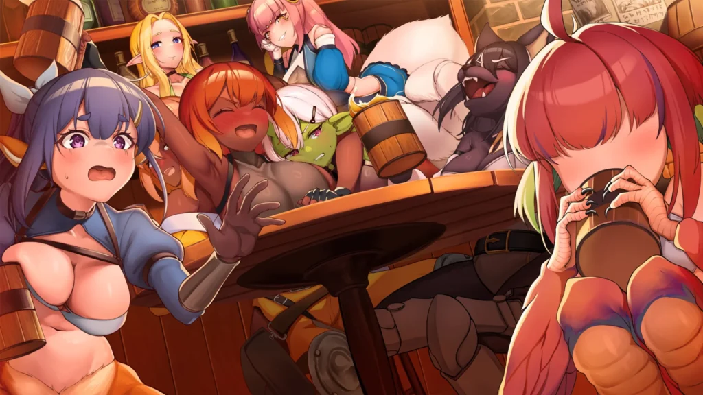 Steam官方影片介紹區塊，異世界餐酒館女角們在酒館餐桌前聚會喝酒｜Steam官方影片介绍区块，异世界餐酒馆女角们在酒馆餐桌前聚会喝酒｜Steam公式動画紹介エリア、異世界ビストロの女性キャラクターたちが酒場の食卓で集まって飲む場面｜Steam official video section showing Isekai Bistro girls drinking together around a tavern table