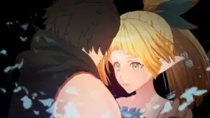 精靈忍者逃走中 3D Steam 官方影片畫面，男主角與金髮精靈女主角近距離對視互動場景 | 精灵忍者逃走中 3D Steam 官方影片画面，男主角与金发精灵女主角近距离对视互动场景 | 精霊忍者逃走中 3D Steam公式映像シーン、主人公と金髪エルフヒロインが至近距離で見つめ合う場面 | Elf Ninja on the Run 3D Steam trailer scene showing close interaction between the male protagonist and blonde elf heroine