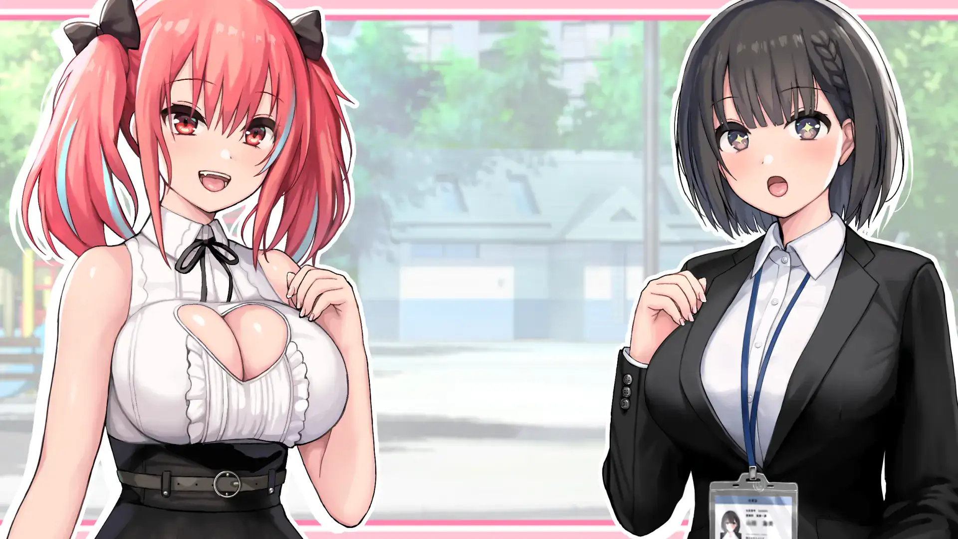 變態女友心動動直播主視覺雙女角色對話場景紅髮性感女友與黑髮OL對比｜变态女友心动动直播主视觉双女角色对话场景红发性感女友与黑发OL对比｜変態彼女ドキドキ配信メインビジュアル赤髪セクシー彼女と黒髪OLの対比会話シーン｜Perverted Girlfriend CG main visual red-haired sexy girlfriend and black-haired office lady conversation scene