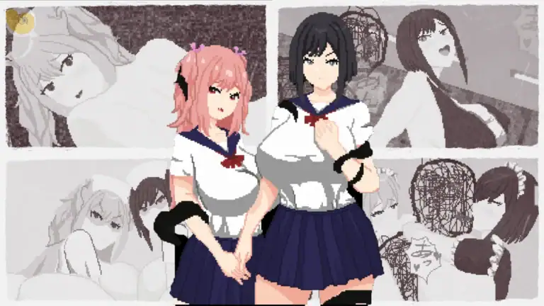 惡夢屋敷無限牢獄雙女主制服立繪主視覺像素風CG展示｜恶梦屋敷无限牢狱双女主制服立绘主视觉像素风CG展示｜悪夢屋敷・無限牢獄 制服姿の女性2人メインビジュアル｜Akumu Yashiki Mugen Rougoku main visual with two school uniform girls