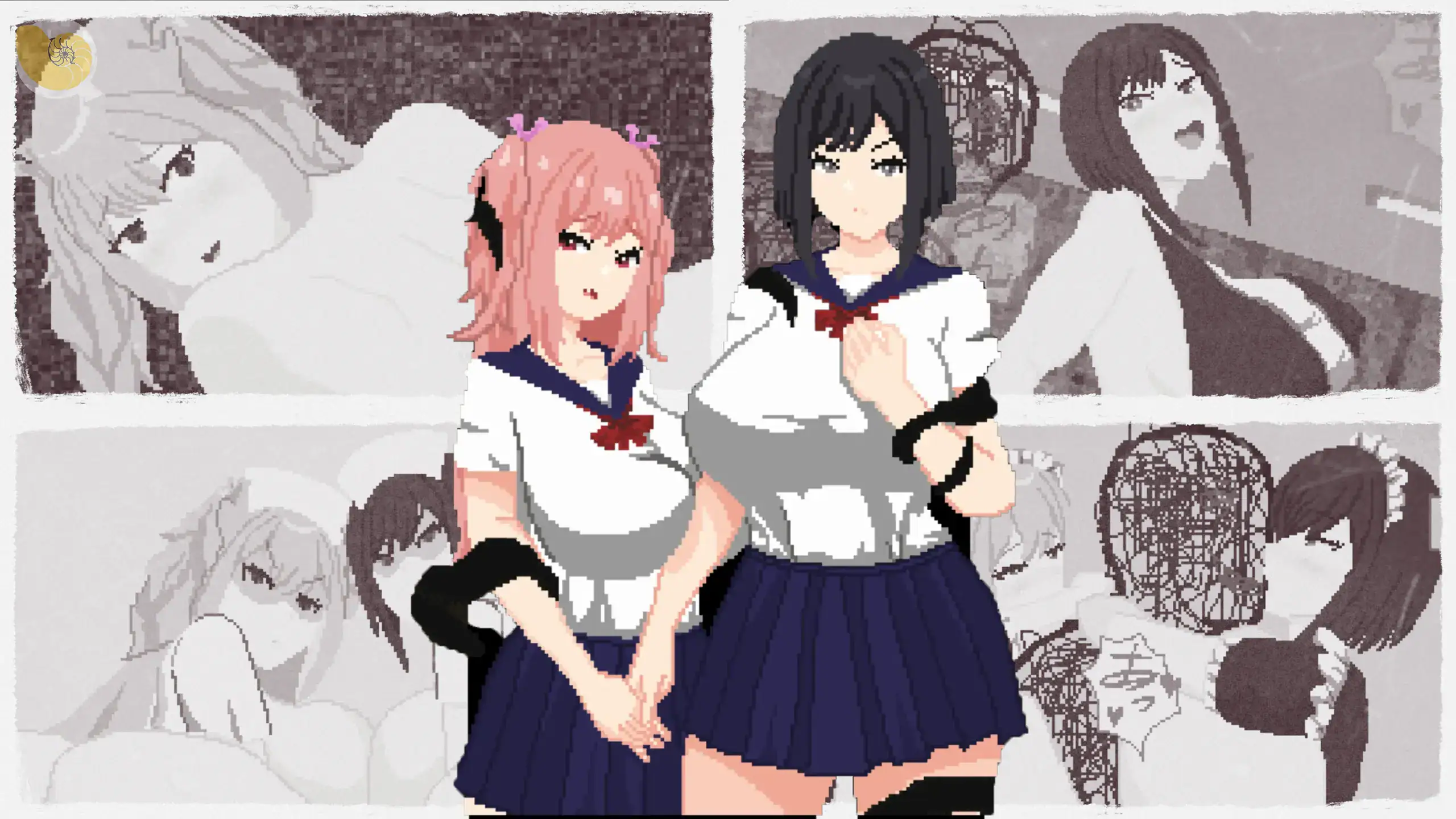 惡夢屋敷無限牢獄雙女主制服立繪主視覺像素風CG展示｜恶梦屋敷无限牢狱双女主制服立绘主视觉像素风CG展示｜悪夢屋敷・無限牢獄 制服姿の女性2人メインビジュアル｜Akumu Yashiki Mugen Rougoku main visual with two school uniform girls