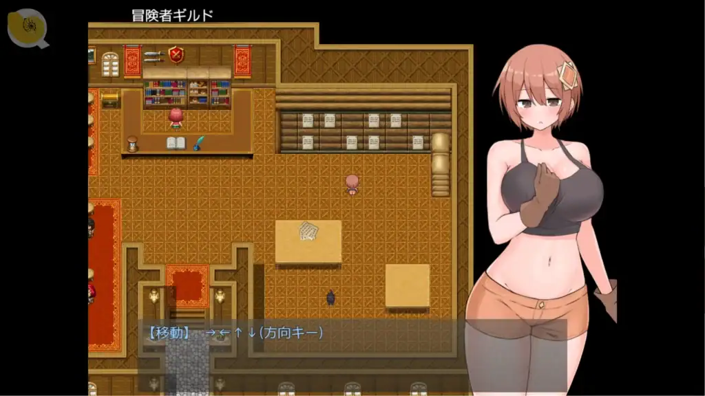 《ルナと淫欲のトラップダンジョン》地下城任務接取畫面，女冒險者準備探索新地下城｜《露娜与淫欲陷阱地城》地下城任务接取画面，女冒险者准备探索新地下城｜『ルナと淫欲のトラップダンジョン』ダンジョン任務受注シーン、女性冒険者が新ダンジョンへ向かう場面｜Quest acceptance scene in Luna and the Lust Trap Dungeon featuring a female adventurer preparing for dungeon exploration