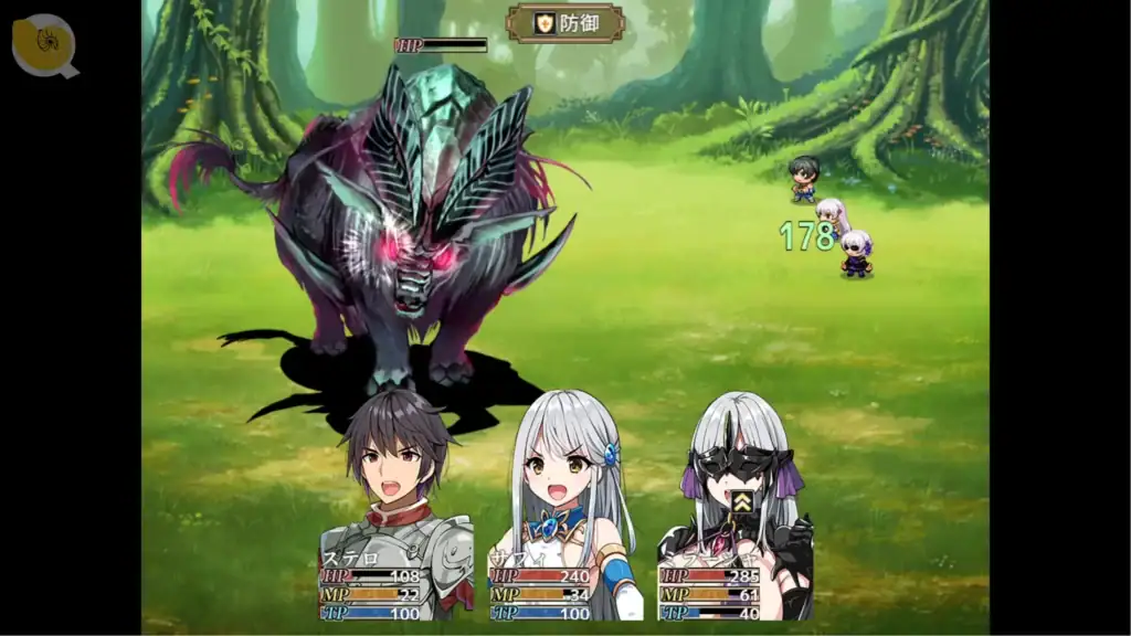 相克のアルテール RPG回合制戰鬥畫面，主角隊伍與魔物展開戰鬥 | 相克のアルテール RPG回合制战斗画面，主角队伍与魔物展开战斗 | 相克のアルテール RPGターン制バトル画面、主人公たちが魔物と戦う場面 | Soukoku no Altair turn-based RPG battle scene showing the party fighting a monster
