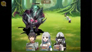 相克のアルテール RPG回合制戰鬥畫面，主角隊伍與魔物展開戰鬥 | 相克のアルテール RPG回合制战斗画面，主角队伍与魔物展开战斗 | 相克のアルテール RPGターン制バトル画面、主人公たちが魔物と戦う場面 | Soukoku no Altair turn-based RPG battle scene showing the party fighting a monster