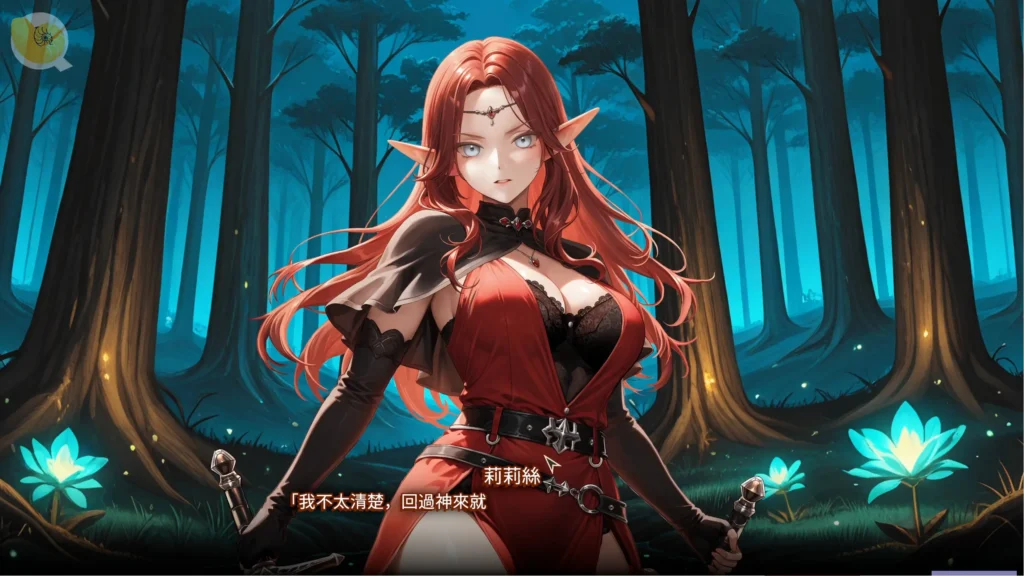 索莉亞魔爪 逃離魅魔之夜劇情事件畫面，紅髮精靈女性角色在森林中登場｜索莉亚魔爪 逃离魅魔之夜剧情事件画面，红发精灵女性角色在森林中登场｜ソリアの魔爪 魅魔の夜からの脱出 ストーリーイベント、森に登場する赤髪のエルフ女性｜Claws of Soria: Escape the Succubus Night story event featuring a red-haired elf heroine in the forest