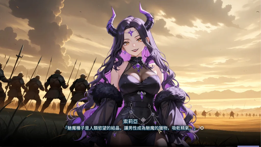 Steam 官方影片介紹替代圖片，《索莉亞魔爪 逃離魅魔之夜》魅魔女王索莉亞與戰場背景畫面｜Steam 官方影片介绍替代图片，《索莉亚魔爪 逃离魅魔之夜》魅魔女王索莉亚与战场背景画面｜Steam公式動画紹介の代替画像、『ソリアの魔爪 魅魔の夜からの脱出』ソリアと戦場背景｜Steam official video preview image for Claws of Soria: Escape the Succubus Night featuring Soria on the battlefield