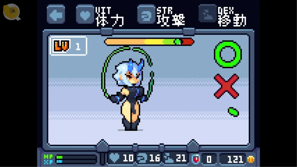 Onigotchi 寵物魔獸跳繩訓練，藍髮鬼角少女進行速度鍛鍊 | Onigotchi 宠物魔兽跳绳训练，蓝发鬼角少女进行速度锻炼 | Onigotchi 青髪の角を持つ少女が縄跳びで素早さを鍛える育成画面 | Onigotchi blue-haired horned girl practicing jump rope in a speed training minigame