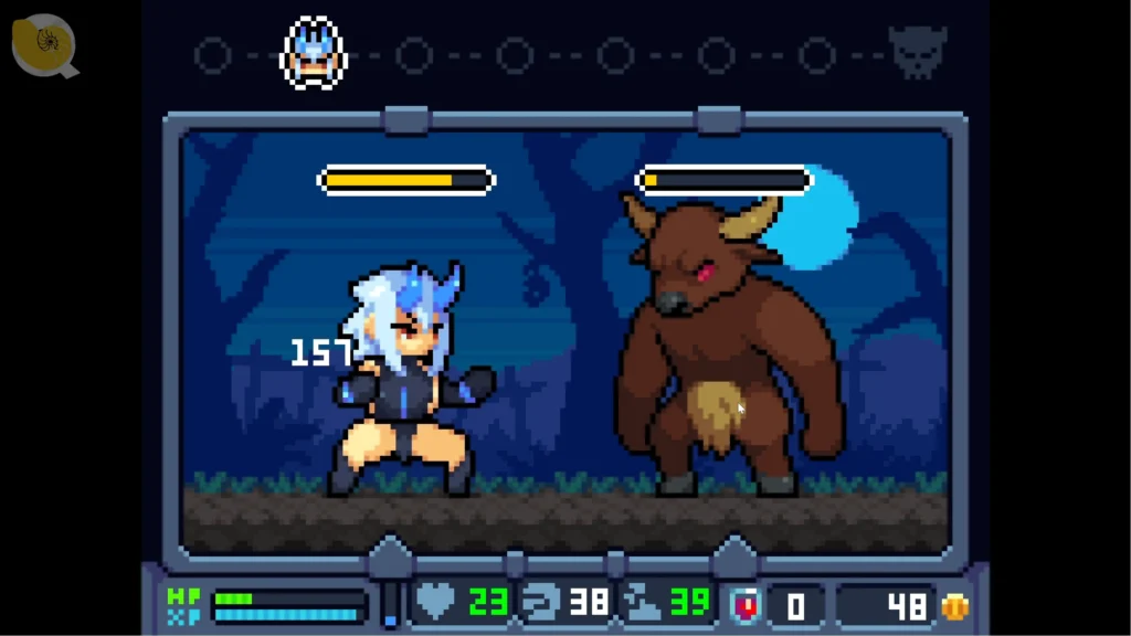 Onigotchi 牛頭人怪物戰鬥，藍髮寵物魔獸挑戰大型敵人 | Onigotchi 牛头人怪物战斗，蓝发宠物魔兽挑战大型敌人 | Onigotchi 青髪のペット魔物が大型ミノタウロスと戦うゲーム画面 | Onigotchi blue-haired pet monster battling a large minotaur enemy