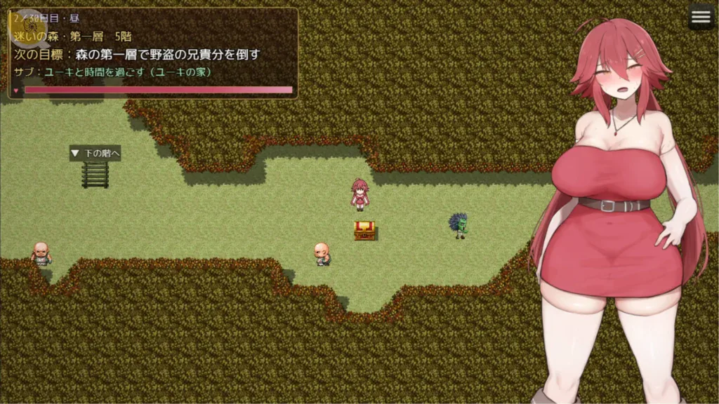 アリナと淫魔の呪い村莊探索畫面，像素風格地圖上的紅髮女主角與寶箱，右側顯示アリナ角色立繪｜アリナと淫魔の呪い村庄探索画面，像素风格地图上的红发女主角与宝箱，右侧显示アリナ角色立绘｜アリナと淫魔の呪い 村マップ探索画面、宝箱と赤髪のアリナの立ち絵｜Arina to Inma no Noroi Village Exploration with Treasure Chest, Pixel RPG Map and Arina Character Art