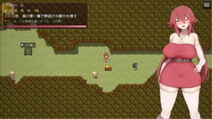 アリナと淫魔の呪い村莊探索畫面，像素風格地圖上的紅髮女主角與寶箱，右側顯示アリナ角色立繪｜アリナと淫魔の呪い村庄探索画面，像素风格地图上的红发女主角与宝箱，右侧显示アリナ角色立绘｜アリナと淫魔の呪い 村マップ探索画面、宝箱と赤髪のアリナの立ち絵｜Arina to Inma no Noroi Village Exploration with Treasure Chest, Pixel RPG Map and Arina Character Art