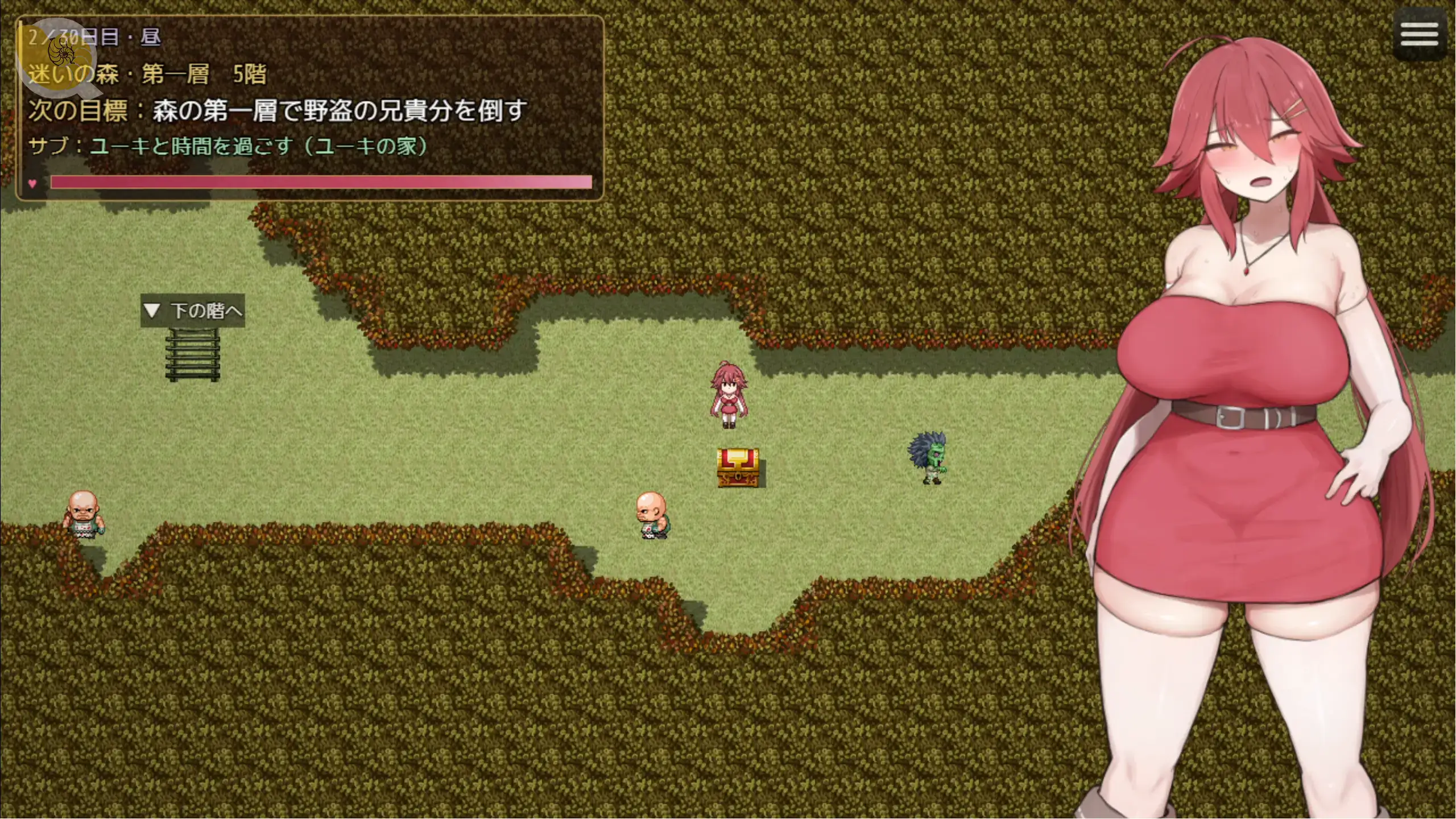 アリナと淫魔の呪い村莊探索畫面，像素風格地圖上的紅髮女主角與寶箱，右側顯示アリナ角色立繪｜アリナと淫魔の呪い村庄探索画面，像素风格地图上的红发女主角与宝箱，右侧显示アリナ角色立绘｜アリナと淫魔の呪い 村マップ探索画面、宝箱と赤髪のアリナの立ち絵｜Arina to Inma no Noroi Village Exploration with Treasure Chest, Pixel RPG Map and Arina Character Art