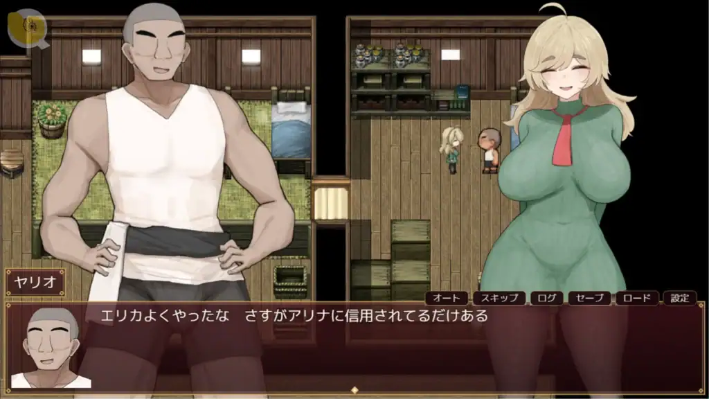 アリナと淫魔の呪い女醫生エリカ的劇情事件，金髮エリカ與壯碩男性在木造房屋內對話｜アリナと淫魔の呪い女医生エリカ的剧情事件，金发エリカ与壮硕男性在木造房屋内对话｜アリナと淫魔の呪い 女医エリカと筋肉質な男性の会話イベント、木造の室内マップ｜Arina to Inma no Noroi Doctor Erika Story Event Featuring the Blonde Doctor and a Muscular Man Inside a Wooden House