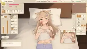 ふれあいミイちゃん親密互動事件畫面，金髮貓耳少女ミイちゃん躺在床上露出害羞微笑，呈現細膩的角色動畫 | ふれあいミイちゃん亲密互动事件画面，金发猫耳少女ミイちゃん躺在床上露出害羞微笑，呈现细腻的角色动画 | ふれあいミイちゃんの親密なふれあいイベント、ベッドで照れた笑顔を見せる金髪の猫耳少女ミイちゃん | Fureai Mii-chan affectionate interaction scene featuring a blonde catgirl smiling shyly while lying in bed