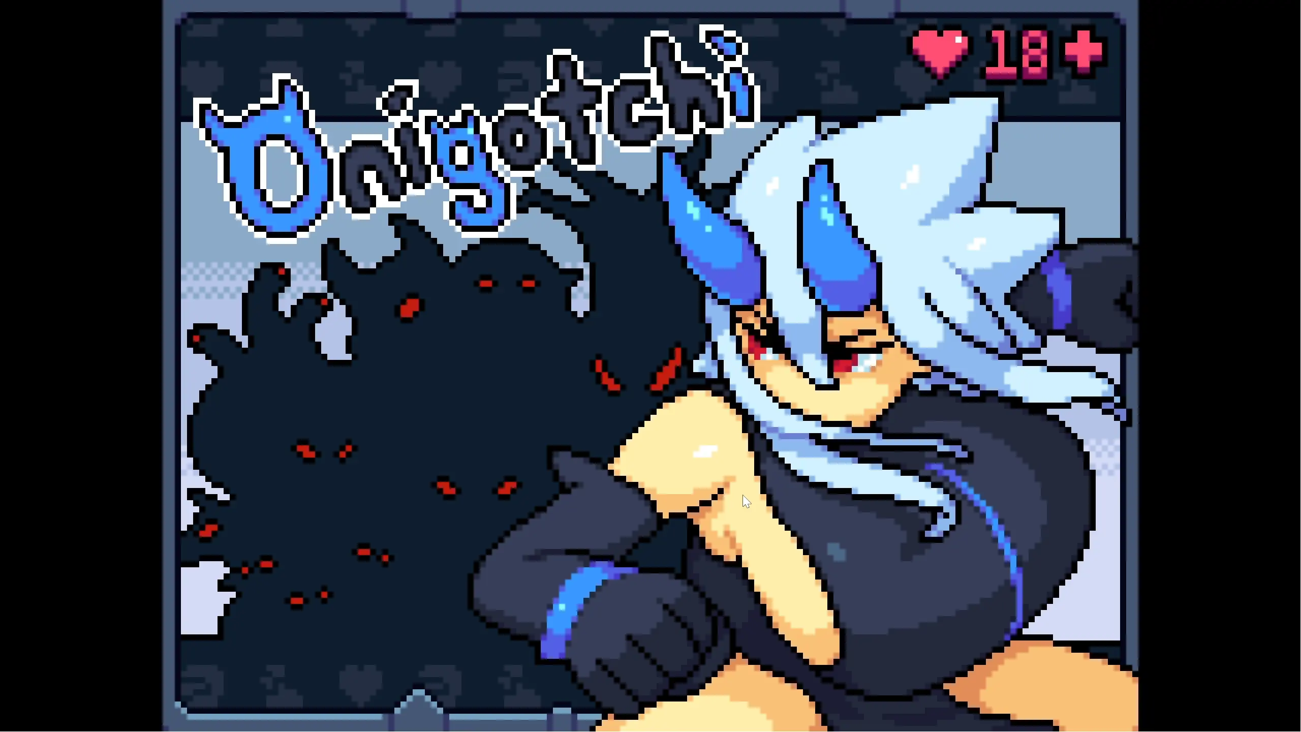 Onigotchi 遊戲主視覺圖，展示藍髮鬼角少女與黑色怪物 | Onigotchi 游戏主视觉图，展示蓝发鬼角少女与黑色怪物 | Onigotchi key visual featuring a blue-haired horned girl and shadow monsters | Onigotchi キービジュアル、青髪の角を持つ少女と黒いモンスター