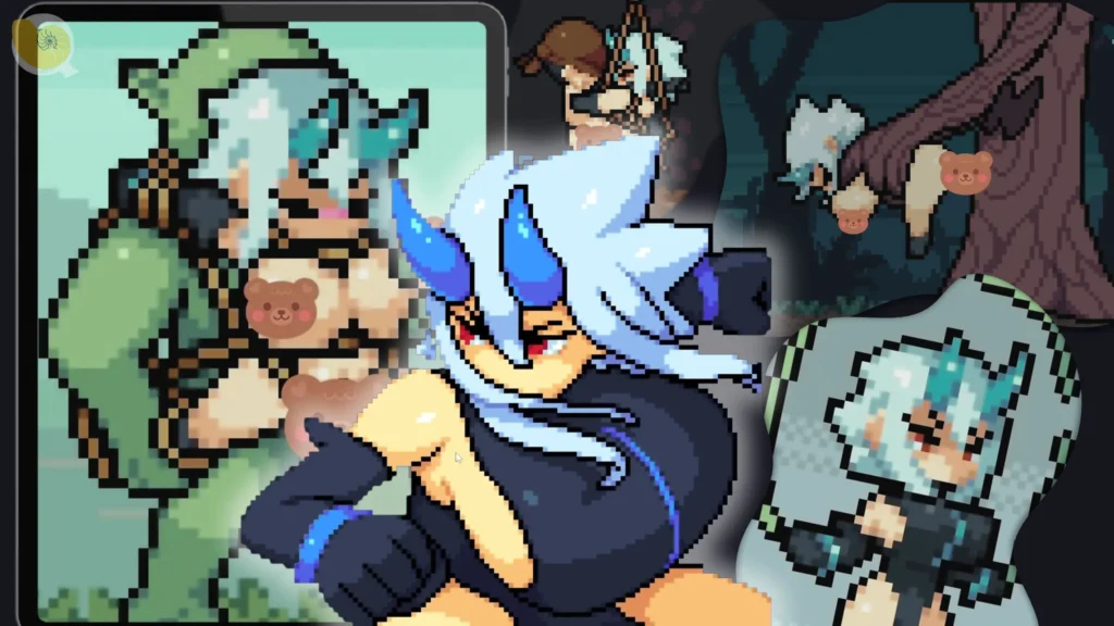 Onigotchi 遊戲精選圖片，藍髮鬼角女魔人與史萊姆、樹人等怪物事件的像素風格拼貼圖 | Onigotchi 游戏精选图片，蓝发鬼角女魔人与史莱姆、树人等怪物事件的像素风格拼贴图 | Onigotchi アイキャッチ画像、青髪の角を持つ魔人少女とスライムや樹人などのモンスターイベントを描いたドット絵コラージュ | Onigotchi featured image showing a blue-haired horned demon girl and pixel art monster events featuring slime and tree monsters